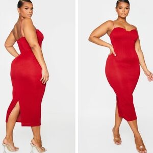 Plus Red Crinkle Rib Cup Detail Midi Dress
